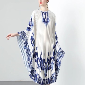 Blue and White Porcelain Print Cape Dress with Ruffles