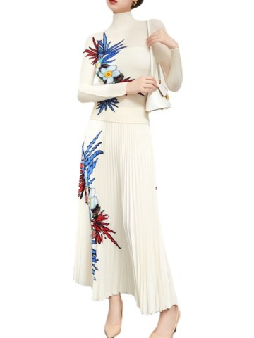 Floral Print Cornelli Smock Top & Accordion Pleat Skirt Two-Piece Set