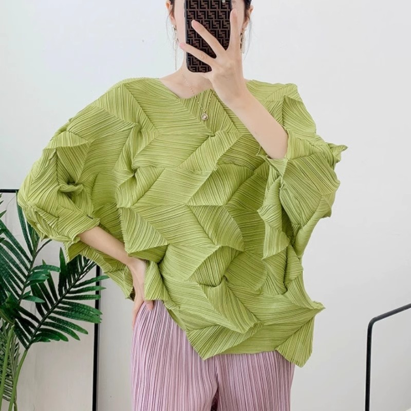 Women's Rose-Pleated Mid-Sleeve Blouse Round Neck Spring Staple with Cascading Ruffles (3).jpg