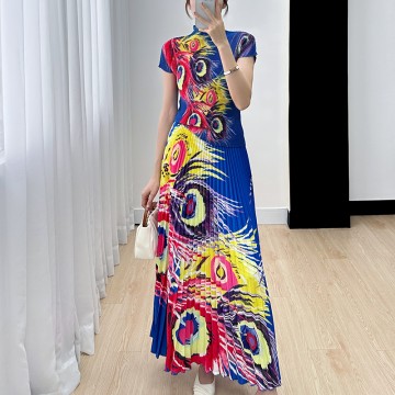 Peacock Feather Print Crinkle Top & Pleated Skirt Set