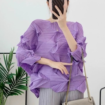 Women's Rose-Pleated Mid-Sleeve Blouse: Round Neck Spring Staple with Cascading Ruffles