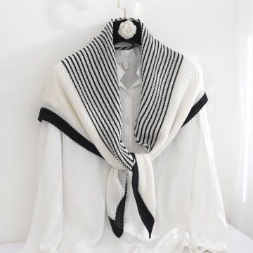 Pleated Black and White Striped Triangular Large Square Silk Scarf: 2-in-1 for Autumn and Winter Scarf & Neck Warmer