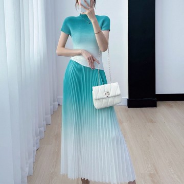 Ombre Bubble Pleat Top with Accordion Pleated Skirt Set