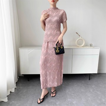 Wave Pleated Short Sleeve Top and Skirt Set