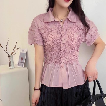 Hand-Smocked 3D Floral Short Sleeve Blouse