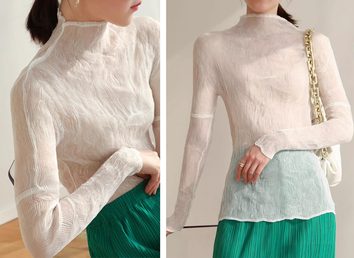 Sheer Long Sleeve Blouse with Curved Hem 2