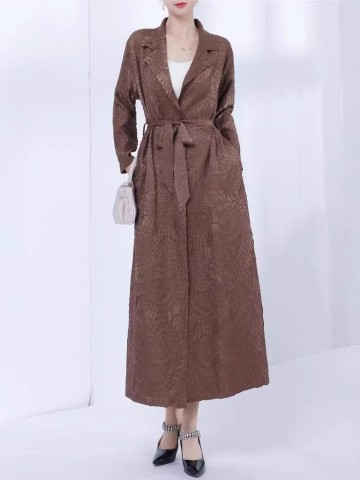 Women's Long Pleated Trench Coat with Paisley Pattern - Vintage Floral Print Waterfall Front Outerwear