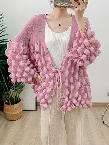 Bubble Ruffle Cardigan with Toothpick Pleats & Tie Closure