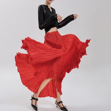 Crushed Pleated Midi Skirt with Asymmetric Hem & Full Flare - Knee-Length Irregular Folds Design