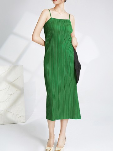 Vertical Pleated Slip Dress with Side Slit