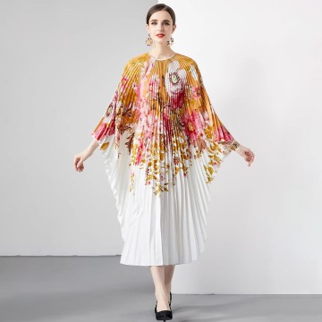 Plus-Size Pleated Batwing Sleeve Cape Bell Skirt Accordion Dress