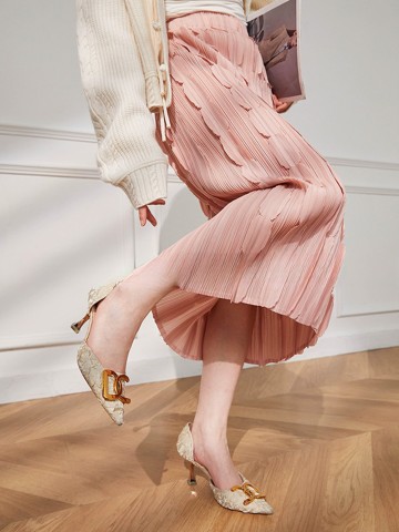 Patchwork Pleated Midi Skirt, Straight Hemline, A-Line Fit