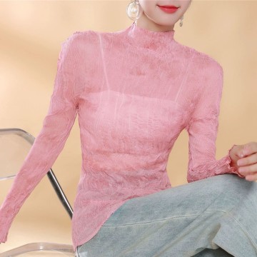 Women's Willow-Pleated Semi-Sheer Long Sleeve B...