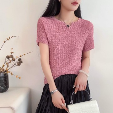 Sunlit Pleats T-Shirt: Sculpted Round Neck with Whisper V-Cut